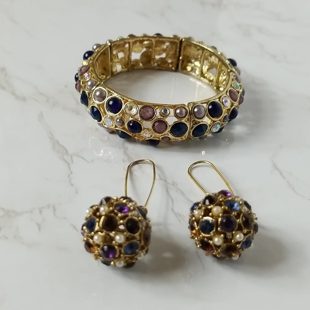 Gold tone and multi colored stone Bracelet and Earring Set